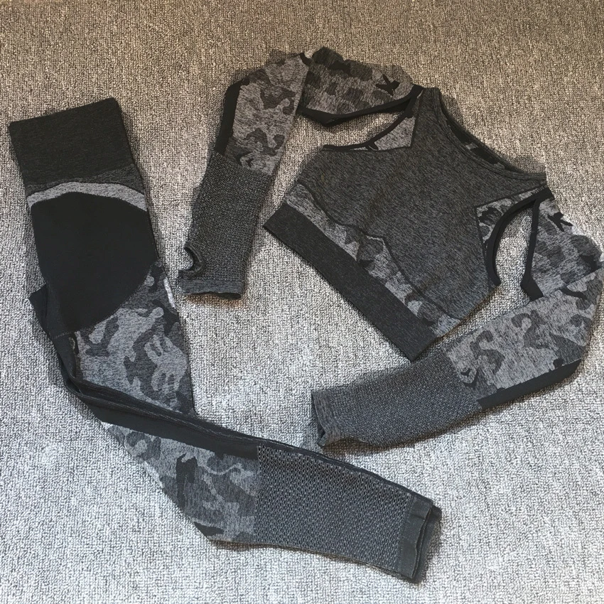 

Camouflage Long Sleeve Seamless Yoga Set Women Fitness Sports Suit Gym Leggings Sports Crop Tops Shirt 2 Pcs Workout Tracksuit