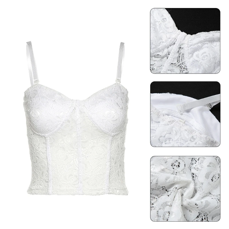 

Women Sexy Spaghetti Strap Crop Top Embroidery Floral Lace Corset Camisole Vest