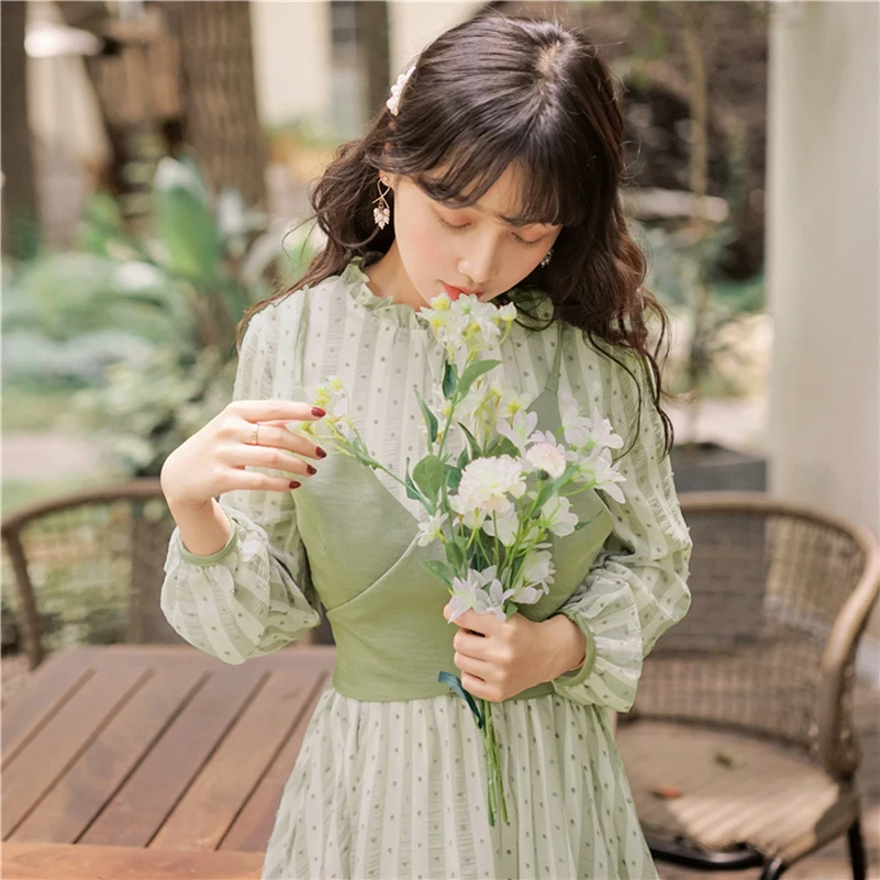 

2021 Fashion Spring The New Striped Round Neck Long Sleeve Dress + Vest Two-piece Free Shipping