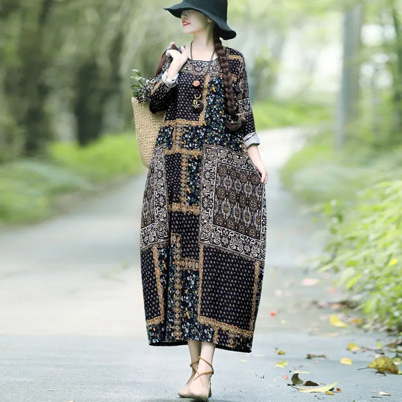 Женское хлопковое льняное платье винтажное Цветочное с круглым вырезом и