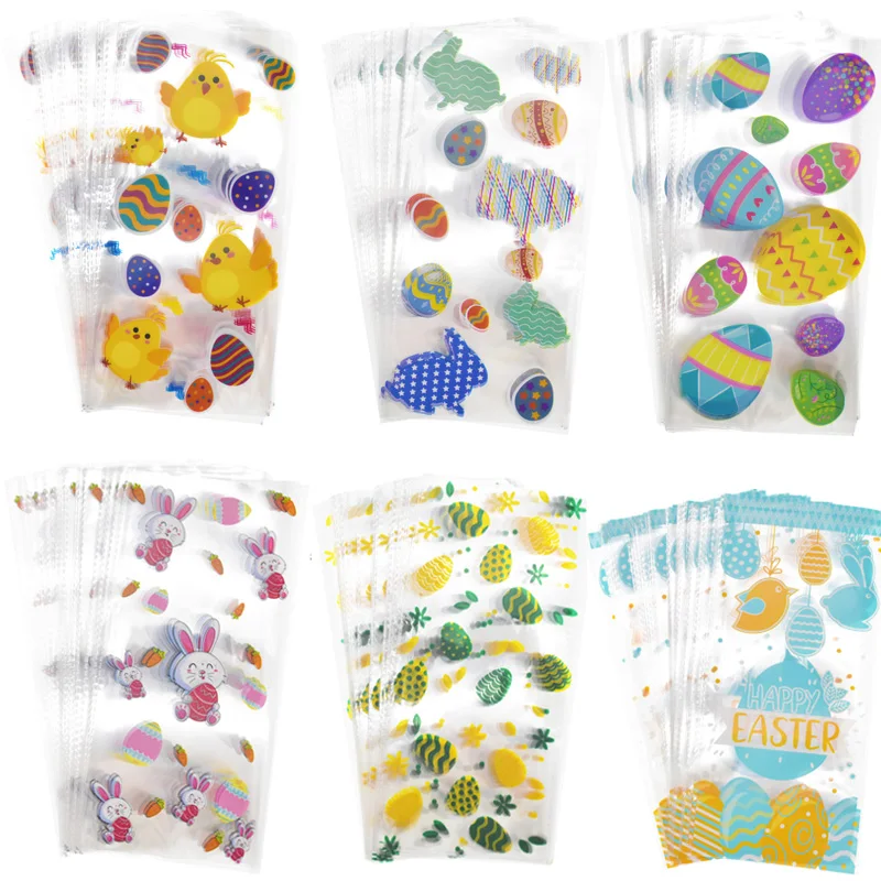 

50pcs Happy Easter Bunny Egg Candy Bag Transparent Cellophane Food Plastic Package Bags Easter Party Decor Gift Bag