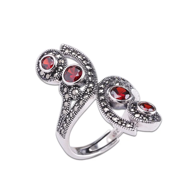 

S925 Sterling Silver Classic Thai Silver Women's Open Pomegranate Red Ring