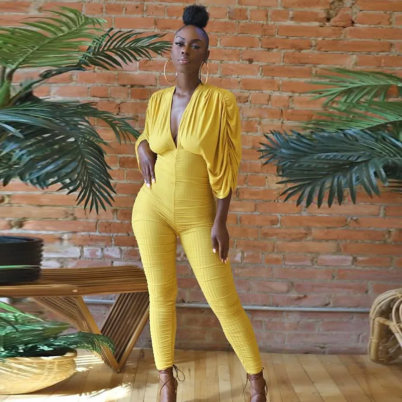 

Women Deep V Neck Ruched Puff Sleeve Jumpsuits Sexy Bodycon Wrap Waist Rompers 2021 Fall Yellow Skinny Pencil Pants Overalls