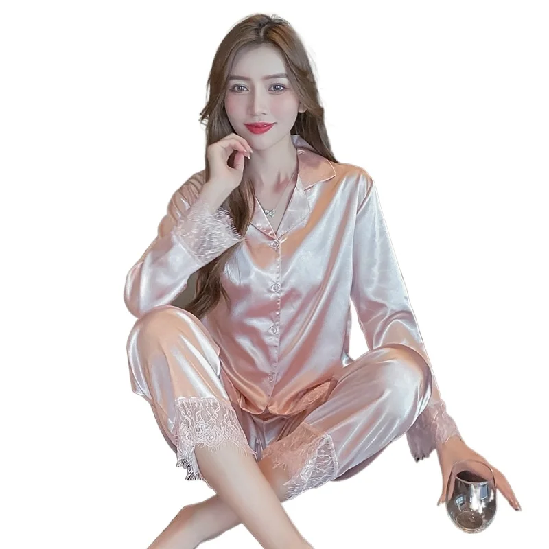 Spring Autumn New Lace Ice Silk Nightwear Solid Color Nightgown Long Sleeve Pajamas Sets Sweet Comfortable Home Wear Sleepwear