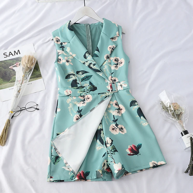

HELIAR 2021 Rompers Women Playsuits Lady Floral Printed Jumpsuits With Sashes Lapel Sleeveless Party Cloth Female Playsuit