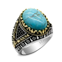 classic fashion 925 sterling silver mens and womens rings with natural turquoise popular v shaped mens ring turkish jewelry