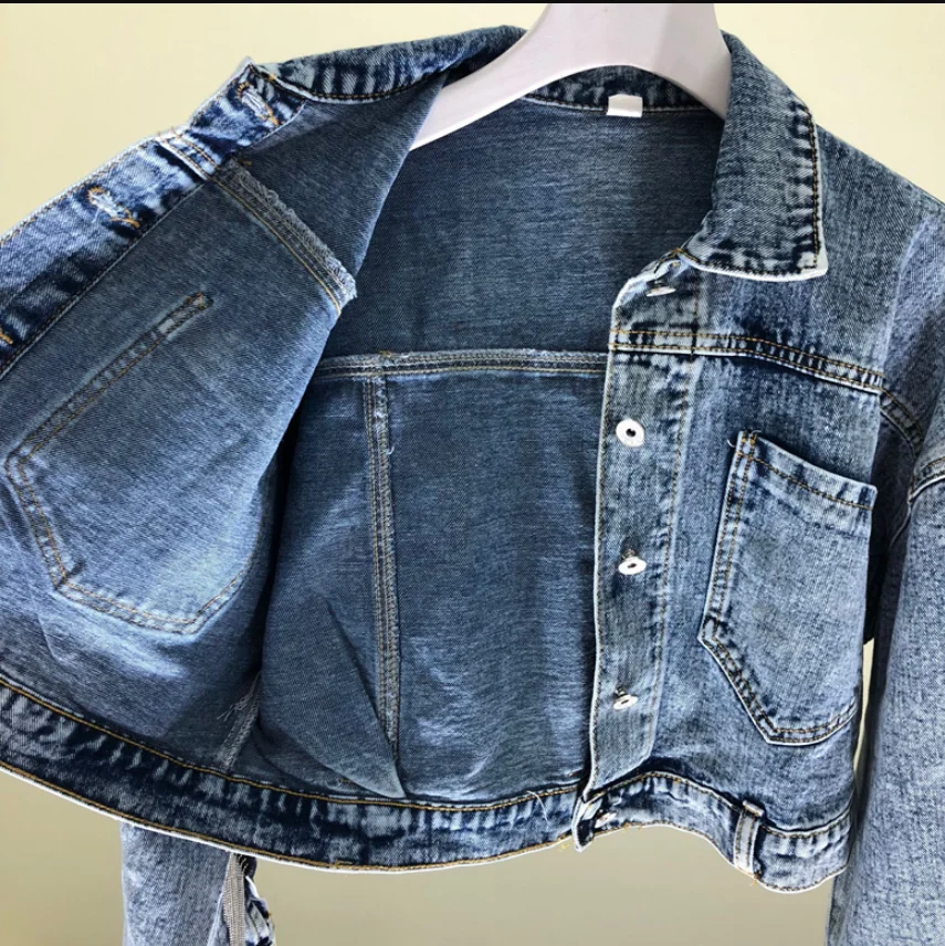 Весна 2020 новые женские тяжелые бахрома из цепочек потертые джинсы короткая