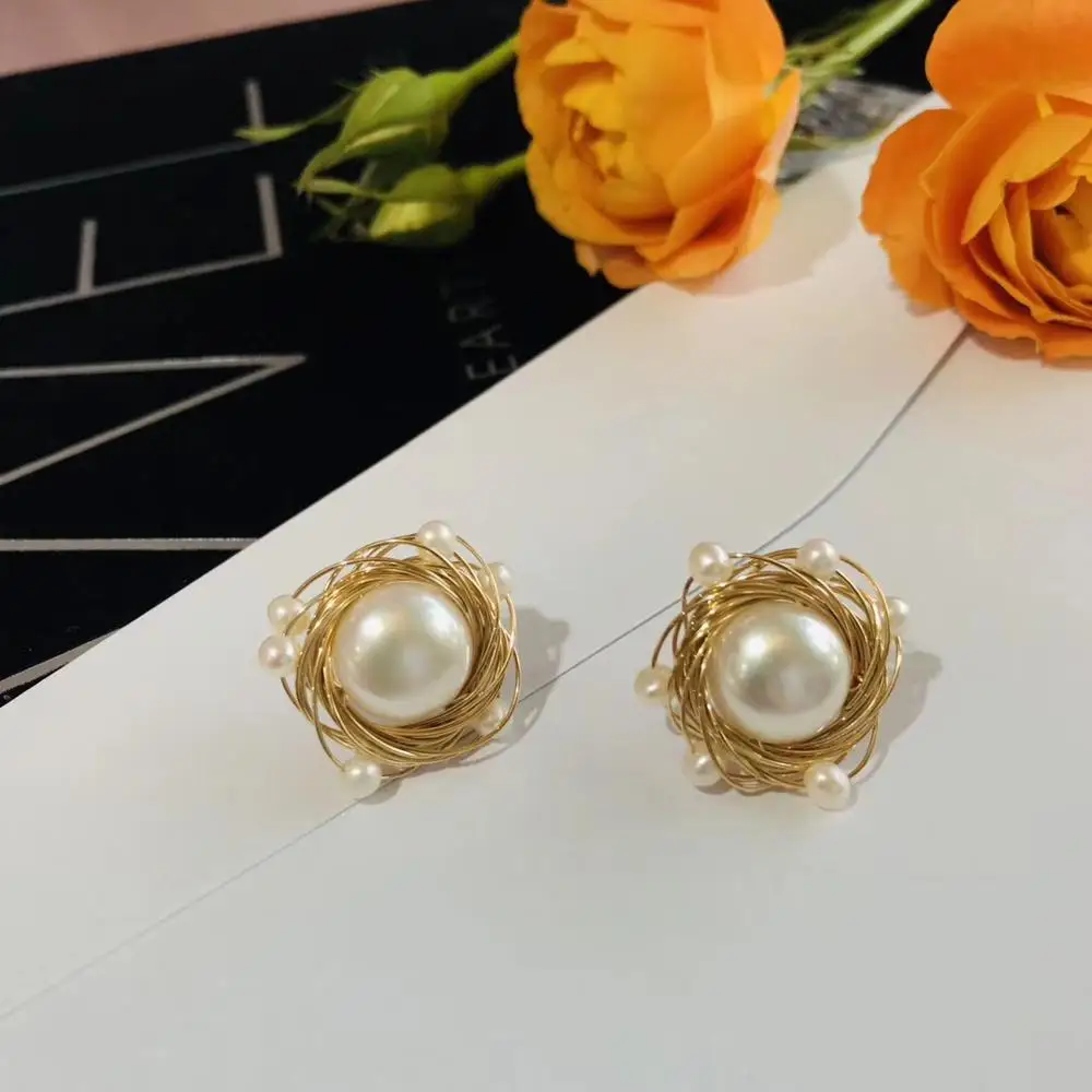 ANI 14K рулонные Золотые женские серьги гвоздики с пресноводным белым жемчугом