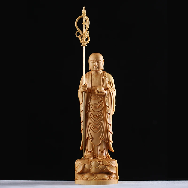 

Boxwood 23cm Ksitigarbha Sculpture Worship Wood Figure Buddha Statue Monk Collection Home Decor