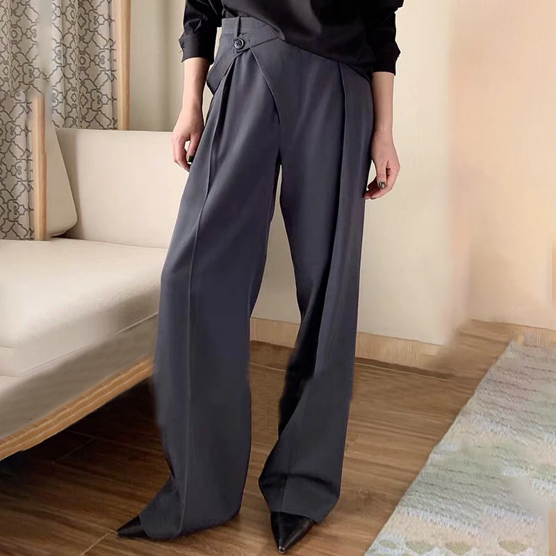 

SISPELL Patchwork Belt Straight Wide Leg Pants Ruched Pure Color For Female High Waist Loose Trousers 2020 Fashion Autumn