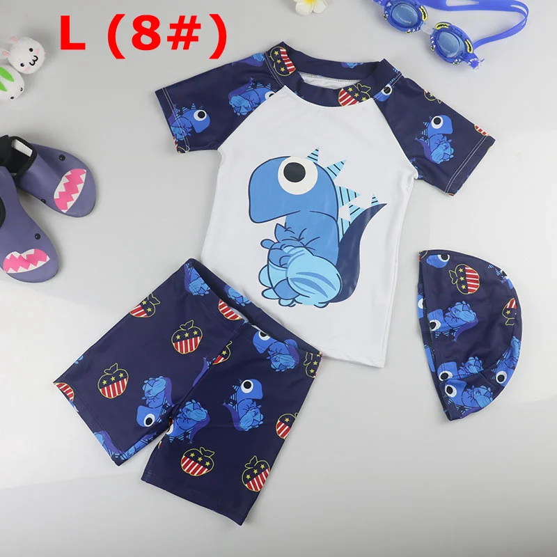 WHITE L Boy Baby Swimwear Dinosaur Swimming Suit for Boys Short Sleeves Toddler Kids Children's Swimwear Beach Clothes Bathing Suit 3pcs - Цвет: WHITE L