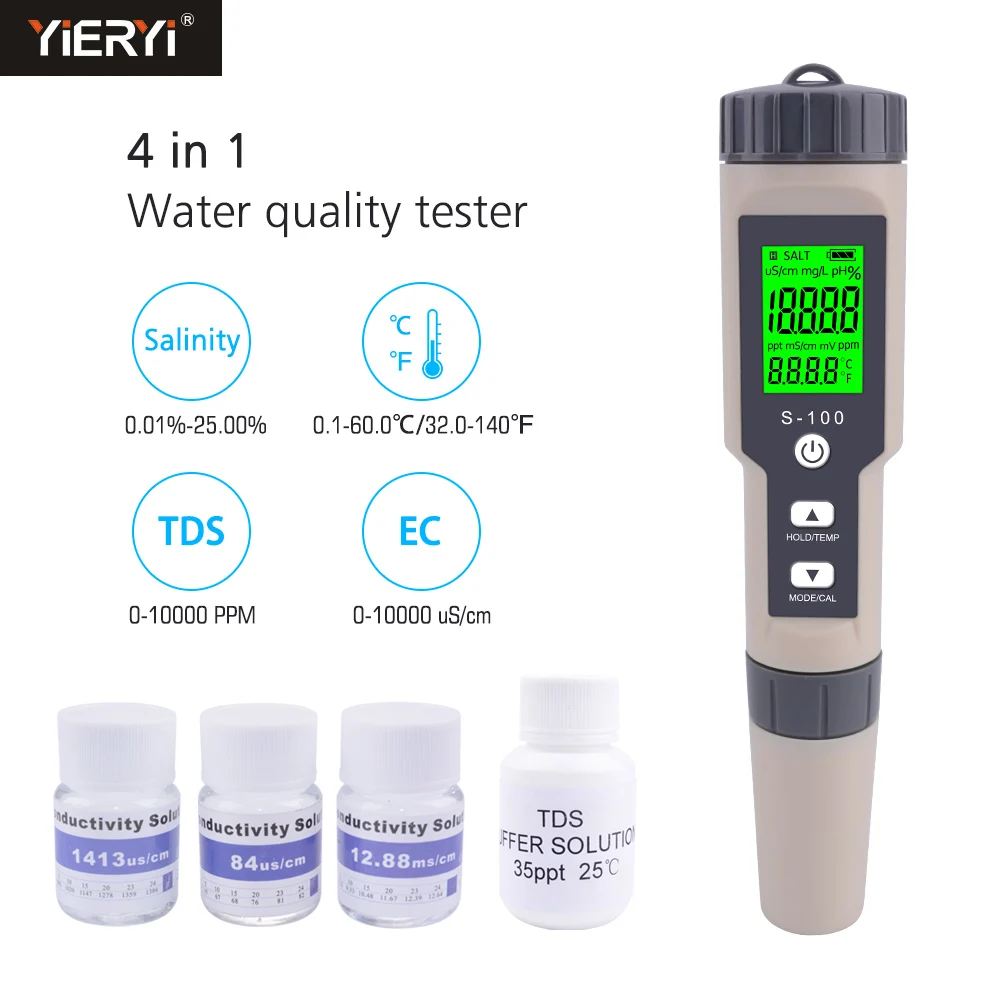 Yieryi S-100 цифровой измеритель солености 4 в 1 TDS/EC/солености/Темп тестер качества