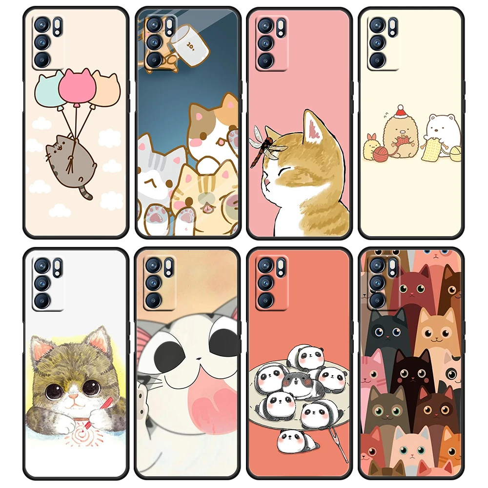 

Hot Cute Cartoon Cat Meow For OPPO Reno 6 5 4 3 2 2Z 2F Z 4F 4SE 4Z 4G 5G Pro Plus Lite Silicone Black Phone Case Cover