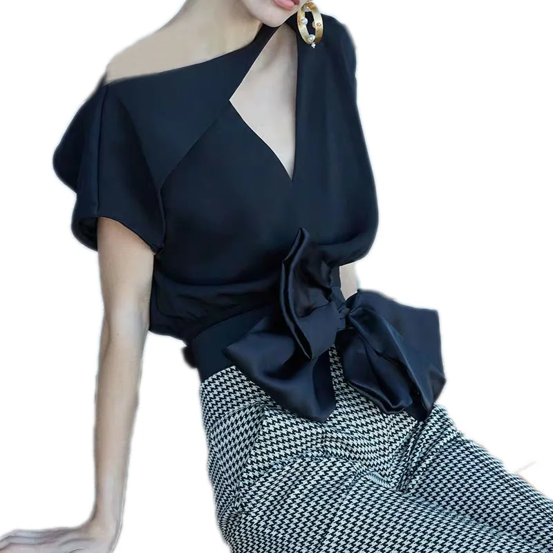 

DEAT Loose Sexy Bow Top Ladies Suit Short-sleeved V-neck Bag Hip Skirt Casual Fashion Trend 2021 New Spring Summer WP62401