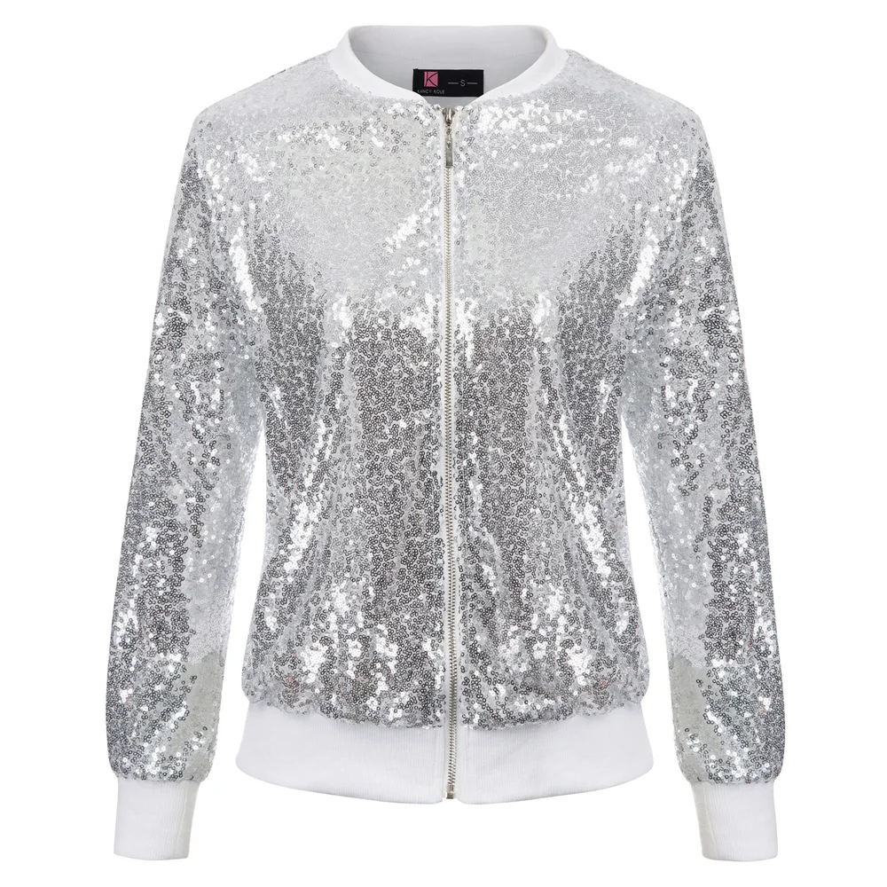 

Hemline Coat Ribbed collar Long Sleeve Sequins Sparkling Stand Collar Women