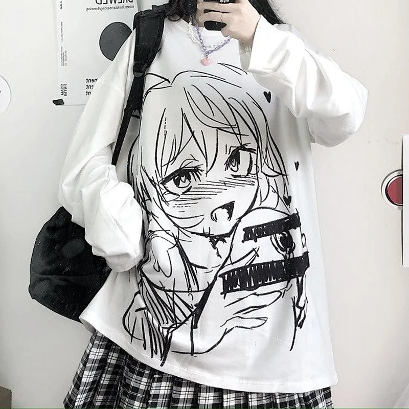 

QWEEK Kawaii Anime T-shirt for Women 2021 Fashion Korean Style Cute Manga Long Sleeve Long Sleeve T-shirts White Tops