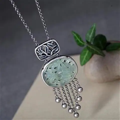 

Retro 925 Sterling Silver Sweater Chain Pendant Rich Jade Bamboo Hollow Antique Finish Tassel Long Necklace Women's National Sty