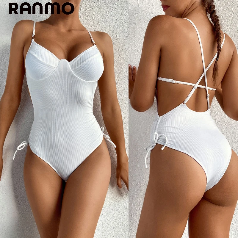 

RANMO Solid White One Piece Swimsuit Bikinis Women Push Up Sexy Swimwear Bikinis Female V Neck Backless Beach Bathing Suits 2021