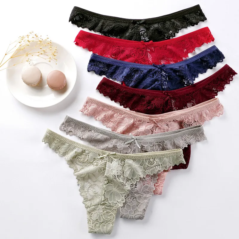 

2020 new Sexy Lace Thong Low Waist Lace Transparent Panties Women Hollow out Breathable G String Briefs Bow Underwear Lingerie
