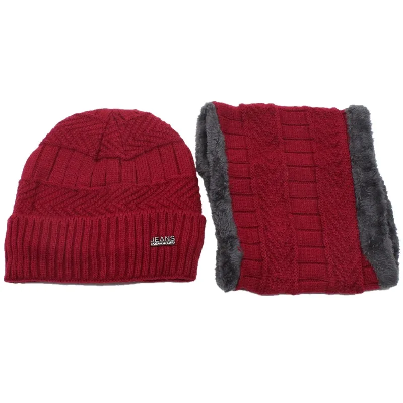 OZyc 2 шт. Лыжная шапка и шарф холодная теплая кожаная зимняя шапка для женщин и мужчин вязаная шапка капот теплая шапка Skullies Beanies - Цвет: Red wine
