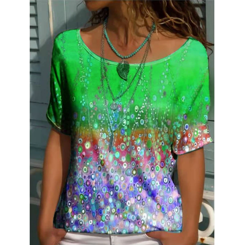 

Women's Casual Loose Tops Fashion Plus Size Clothing Summer Round Neck Geometric Print Loose Short Sleeved T Shirt Blusen Damen
