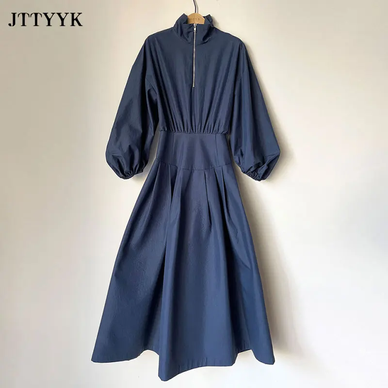 

Spring Autumn Casual Solid Color Vintage Dresses Women 2021 Shirt Dress Stand-up collar zipper pleated Long Sleeve Dress Women