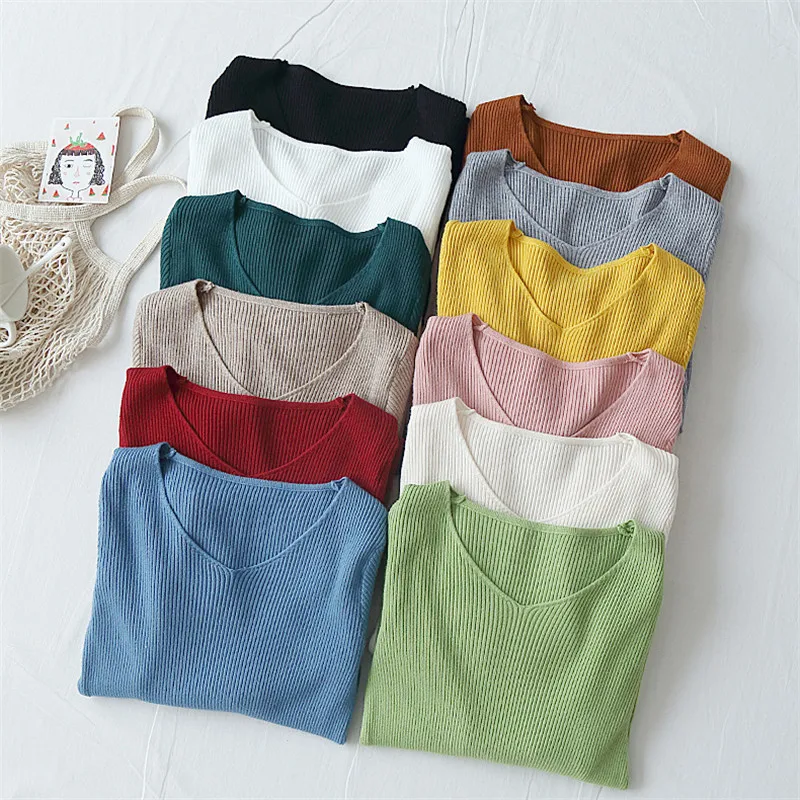 

12 Colors Solid color Knitted Sweaters 2019 V Neck Sweater Women Pullover Spring Autumn Tops Women Knitwear Ladies Jumpers