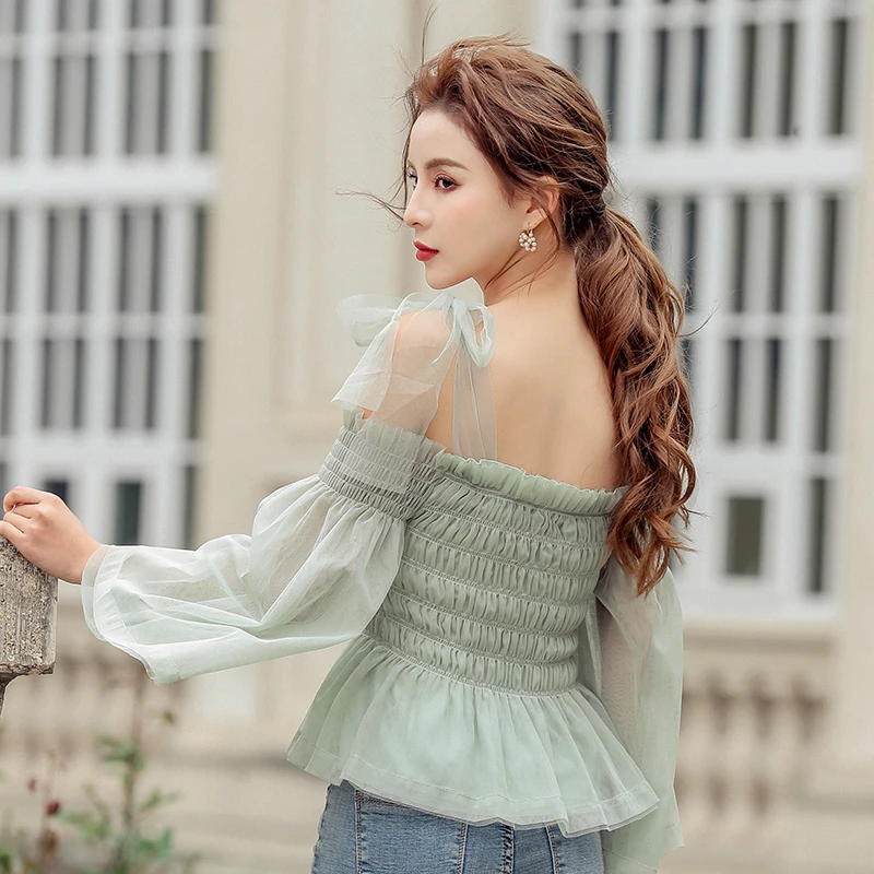

Zoki Elegant Women Blouse Summer Tulle Flare Sleeve Fashion Sexy Off Shoulder Ladies Shirts European Elastic Female Tops 2021
