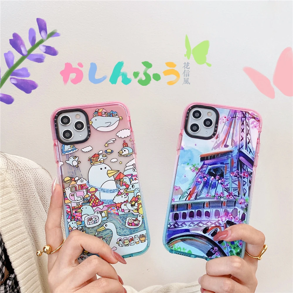 

ins Cute Cartoon La Tour Eiffel Clear Case for iPhone 13 12 mini 11 Pro X XS Max XR 7 8 Plus SE2 Shockproof Bumper Back Cover