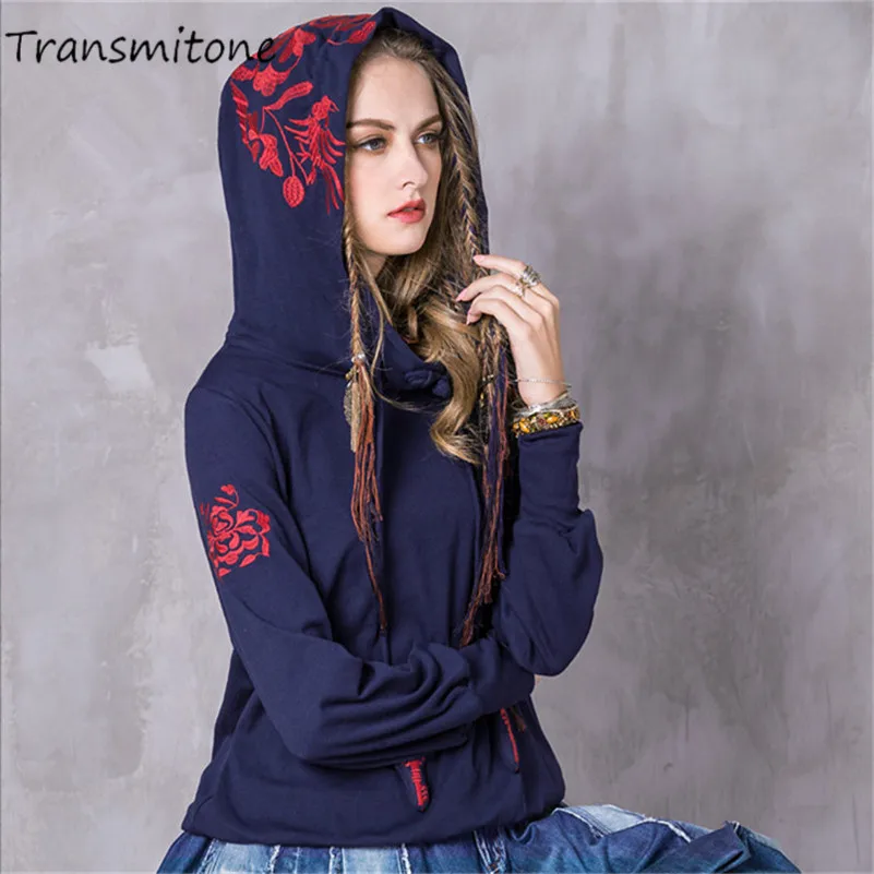 

Женская хлопковая толстовка с капюшоном, винтажная свободная толстовка с длинными рукавами и цветочной вышивкой, модель B9207 на осень и зиму,...