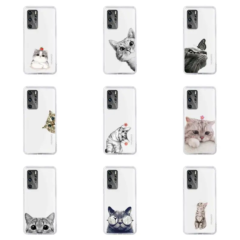 

Cat Phone Case Transparent For Huawei honor V 9 8 10 20 7 i S A C X pro lite play Soft TPU Clear Mobile bags