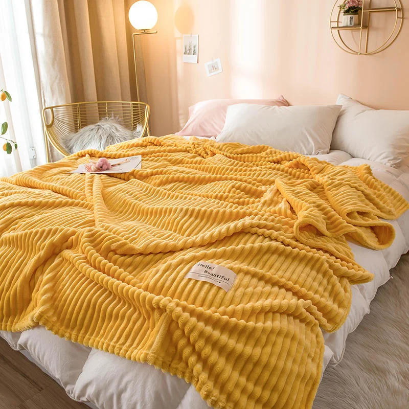 

Blankets for Beds Solid Yellow Color Soft Warm 300GSM Plaid Square Flannel Blanket On the Bed Thickness Throw Blanket