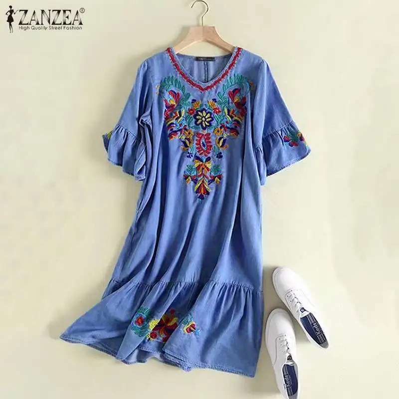 Женское джинсовое платье ZANZEA размера плюс синее повседневное летнее с коротким