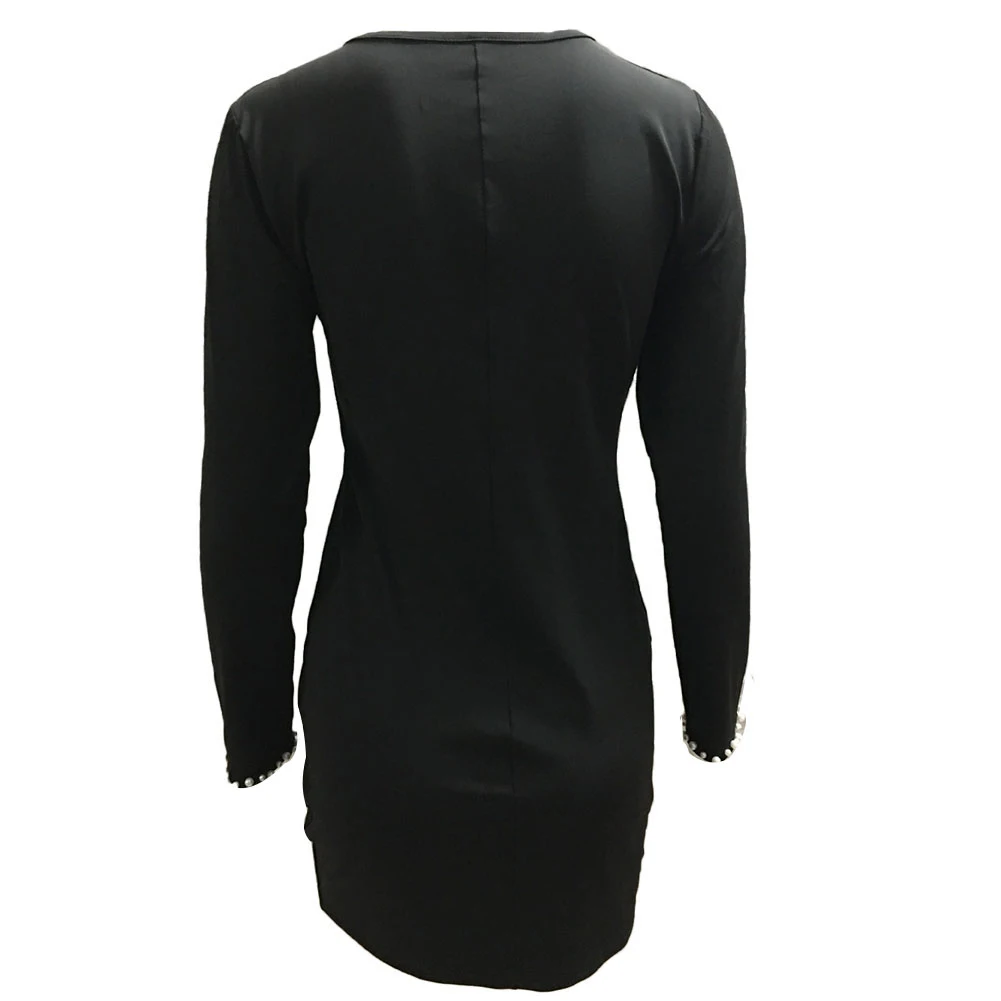 Women Solid Color O Neck Long Sleeve Imitation Pearls Decor Mini Dress 2020 Spring high quality | Женская одежда