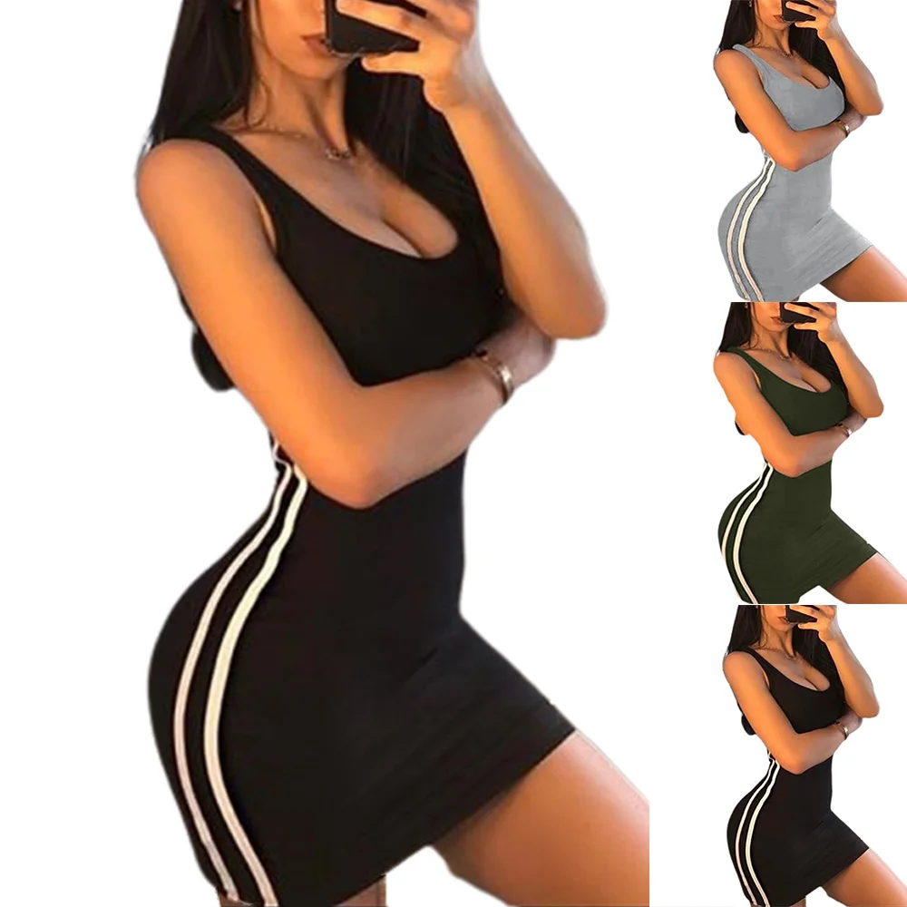 

Womens Sexy Solid Mini Dress Summer Sleeveless Beach Side Striped Bodycon Clubwear Short Spaghetti Strap Dresses 2021