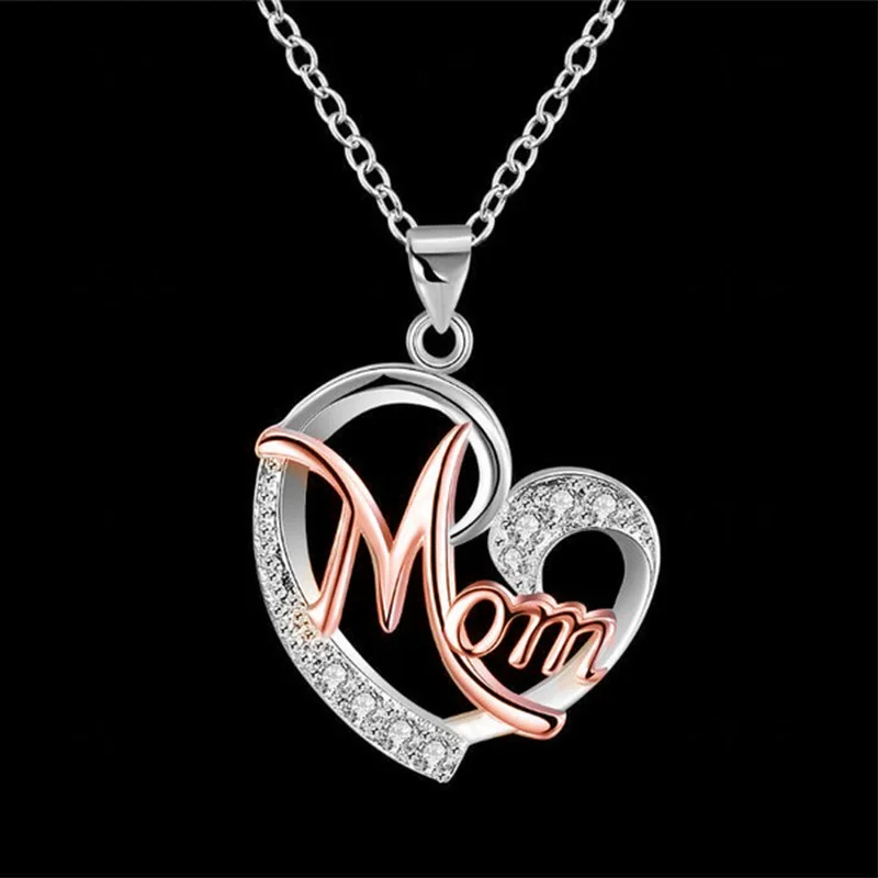 

2021 Heart Shape Pendant Necklace Letter MOM High Quality Jewelry Mother's Day Gift Inlaid Crystal Necklace Wholesale Bijoux
