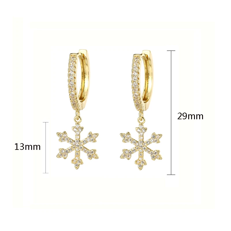 Новые модные милые рождественские серьги Snowflower с кубическим цирконием золотые