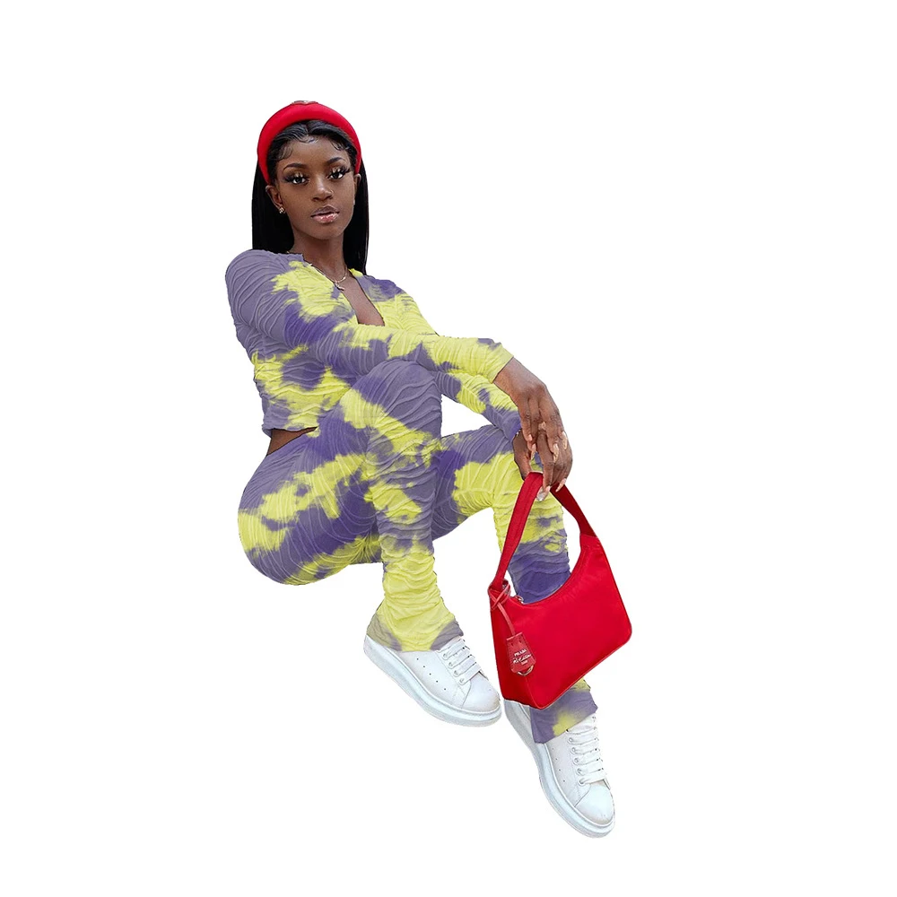 

Autumn 2020 Women Tie-dye Matching Sets Sexy Deep V-neck Long Sleeve Crop Tops+stacked Leggings Set Women Tracksuit 2 Piece Set