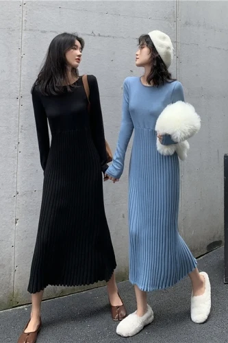 

2019 Elegant Ladies Long Dress Was Thin Knit Dress Pleated Slim Straight Stretch Bottoming Long Dress Office Ladies Knit Rib
