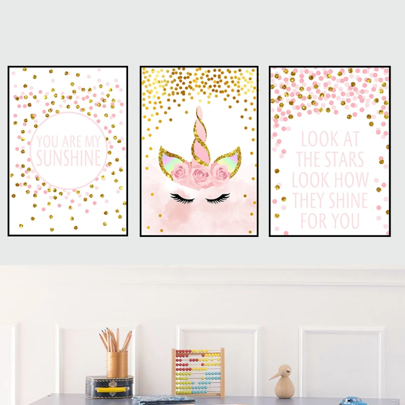 

Cartoon Pink Unicorn Poster Nursery Quotes Art Wall Canvas Print Painting Nordic Decorative Picture Baby Girl Bedroom Decoration