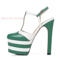 striped platform heels sandals for women ankle wrap blue bare heel super high thin heel pumps funky casual party round toe heels