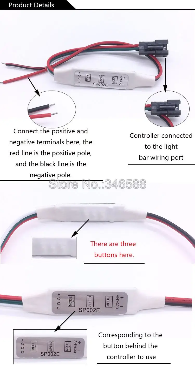 DC5V-24V светодиодный контроллер SP002E с 3 кнопками, мини-контроллер пикселей, провод постоянного тока, USB интерфейс, 600 пикселей, для WS2812B, WS2811, светодиодный светильник