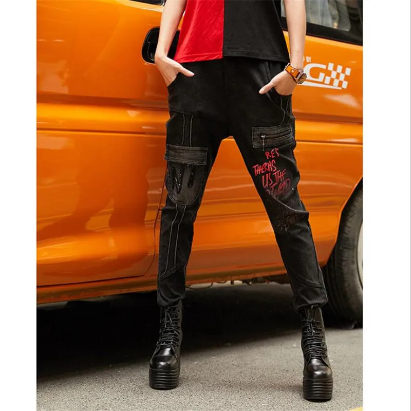 Джинсы женские эластичные с большими карманами уличная одежда в стиле панк брюки