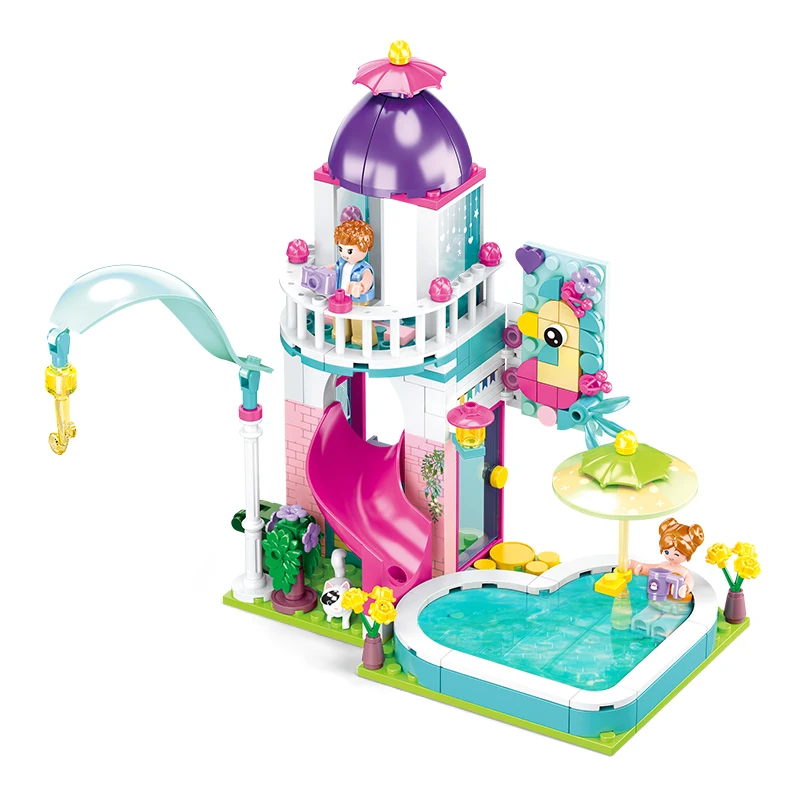 

Pink Dream Double Storey Villa Pool Party Building Blocks Family Friends Gathering Swimming Model Bricks Set Girl Kids Toys Gift
