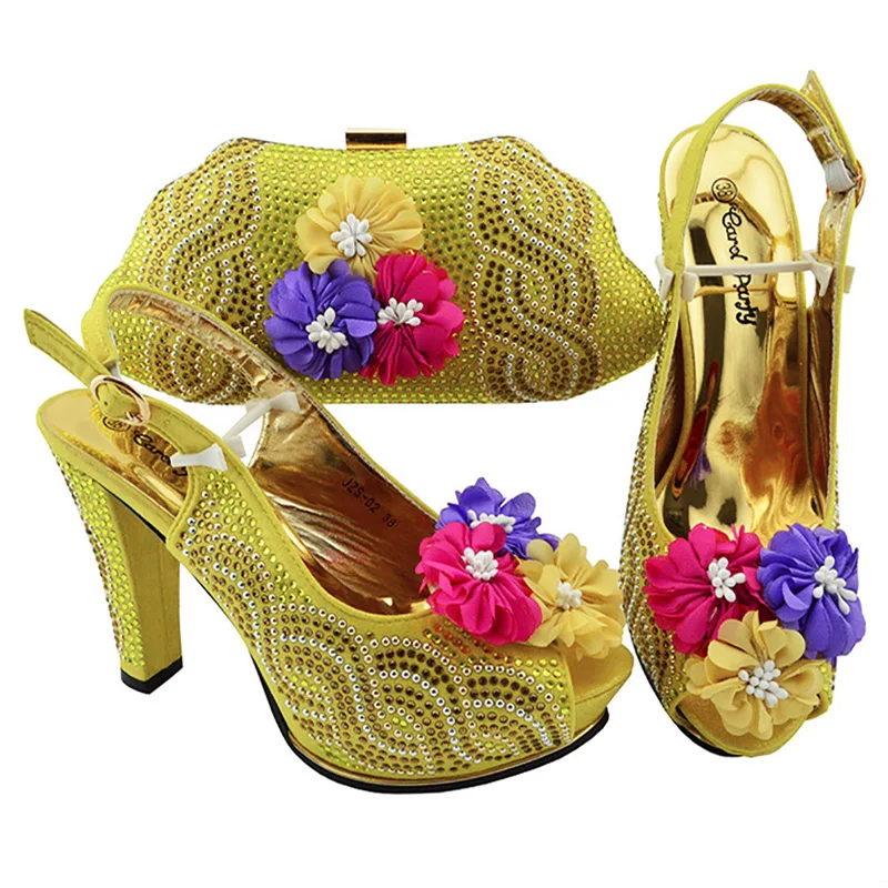

2020 New women wedding shoes Yellow color New Arrival Ladies Italian design Shoe and Bag Set Decorated with Rhinestone for party
