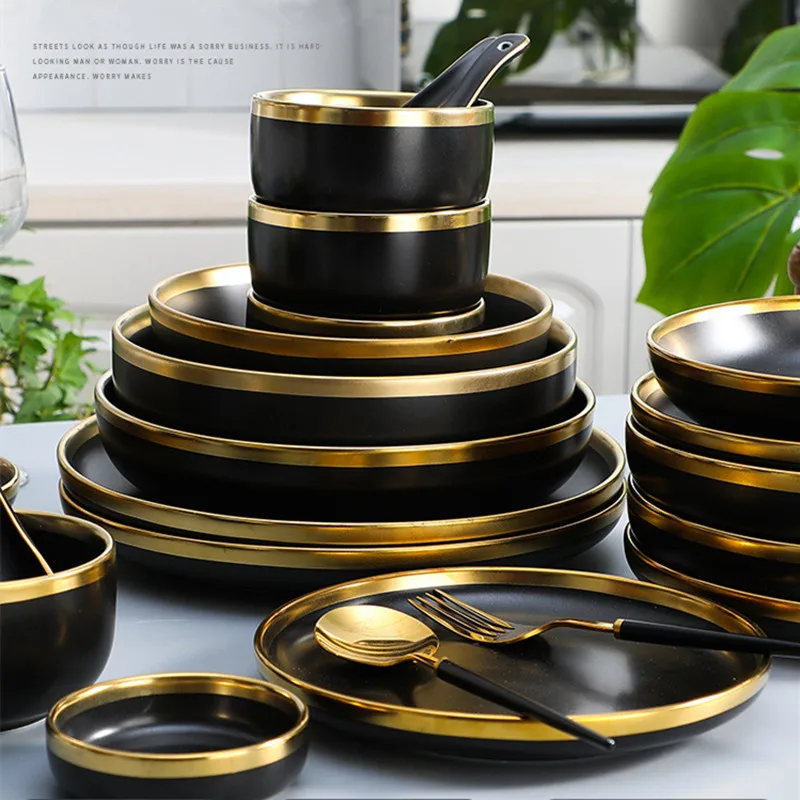 

4 Colors Gilt Rim Ceramics Tableware Kitchen Food Plate Bowl Cutlery Dish Quality Ceramic Plates Dinner Set For Family Hotel