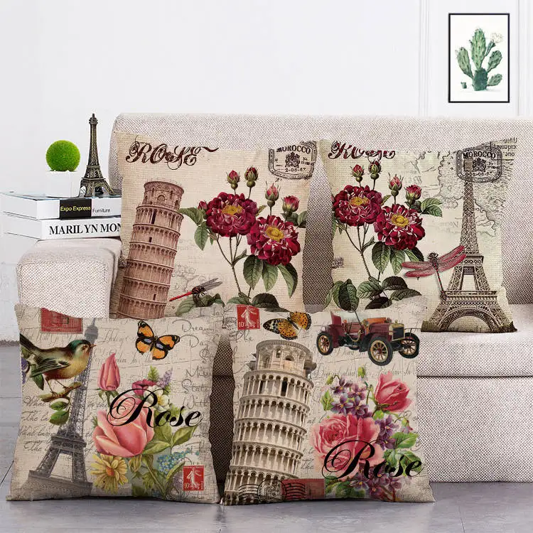 

Paris Vintage Decorative Pillow Covers Flowers Tower Scenic Cushion Cover Sofa Home Car Farmhouse Decor Pillow Kissen T240
