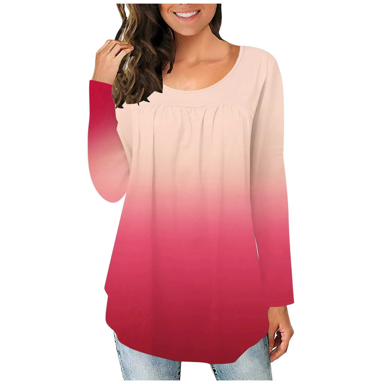 

Gradient Color Pink To Red Kawaii Sweet Blouses Women's Casual Pleated Stitching Chic Lady Clothing Gradient Long-sleeved Top