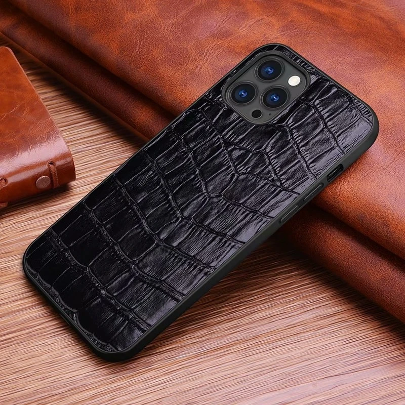 Funda de tel&eacute;fono de cuero genuino para iphone12, carcasa trasera de cuero de vaca con estampado de cocodrilo-1