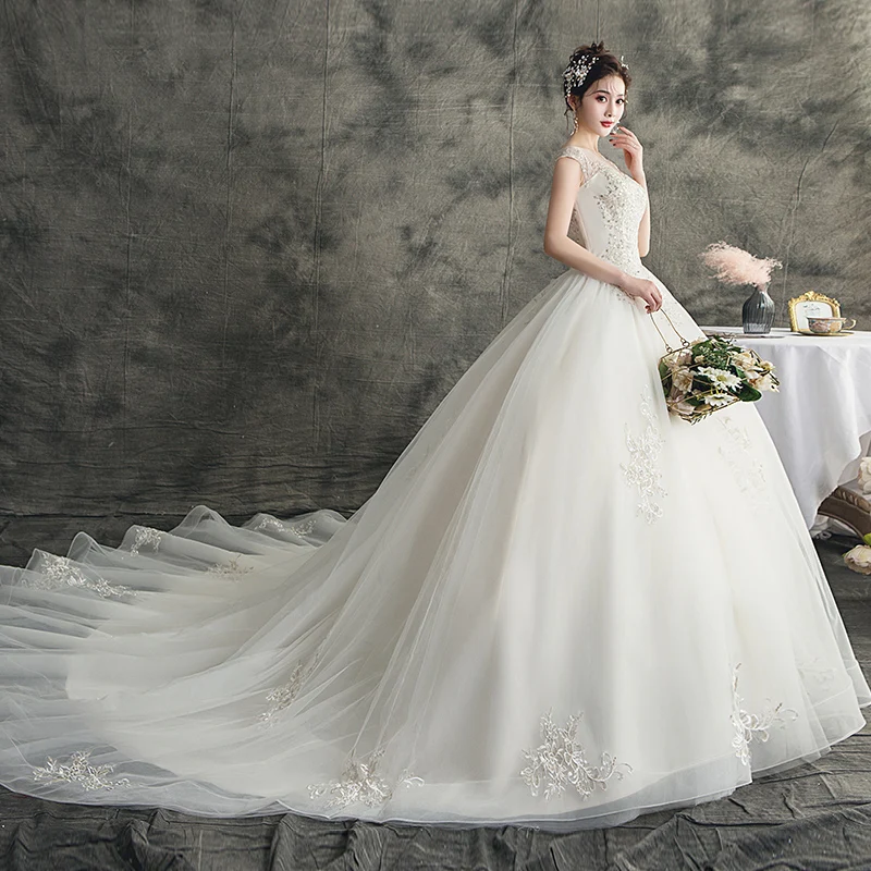 Mrs Win/свадебное платье Роскошное кружевное длинное бальное с круглым вырезом и